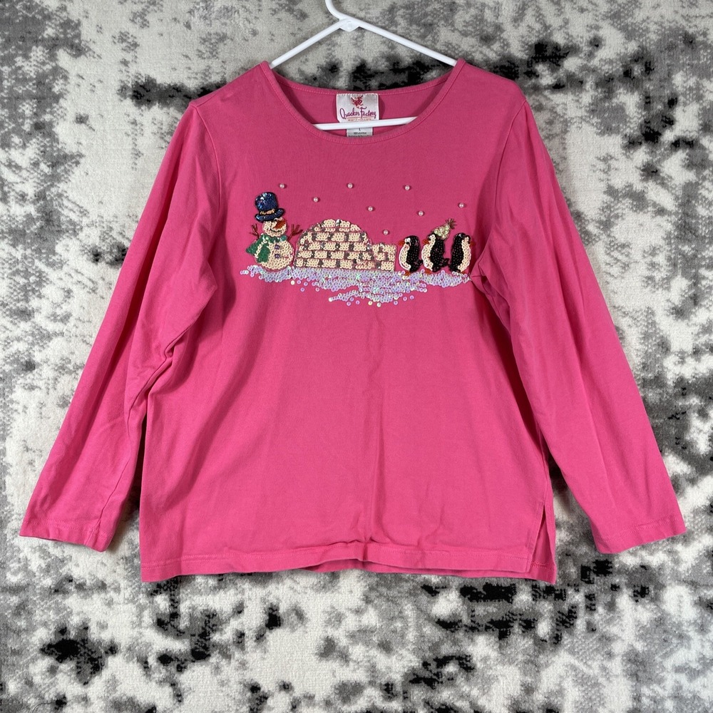 Quacker Factory Shirt Womens Size Large Pink Penguin Igloo Sequins Long Sleeve